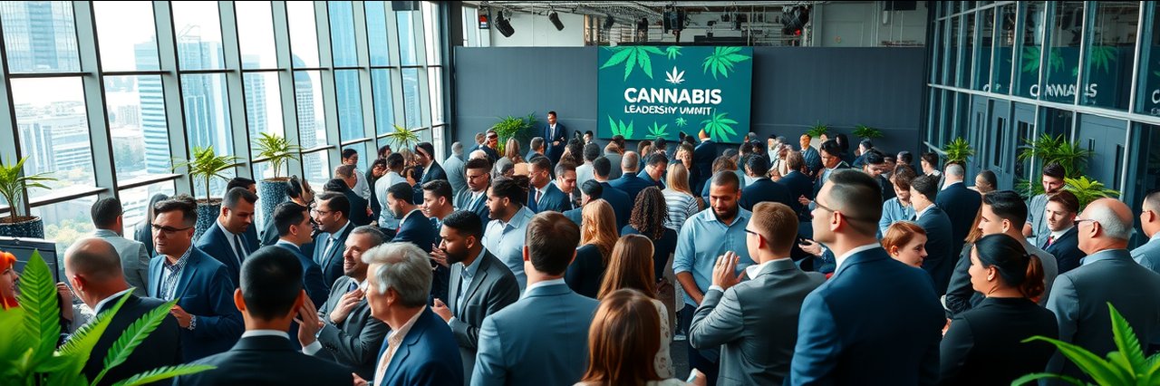 Cannabis Leadership Summit Minneapolis event with professionals networking and city views.