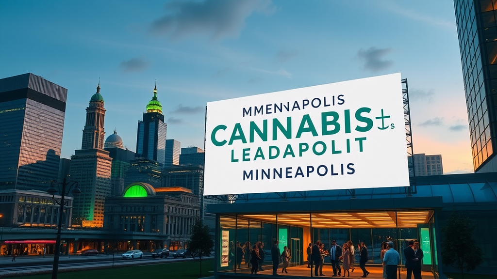Minneapolis skyline with Cannabis Leadership Summit Minneapolis banner at sunset