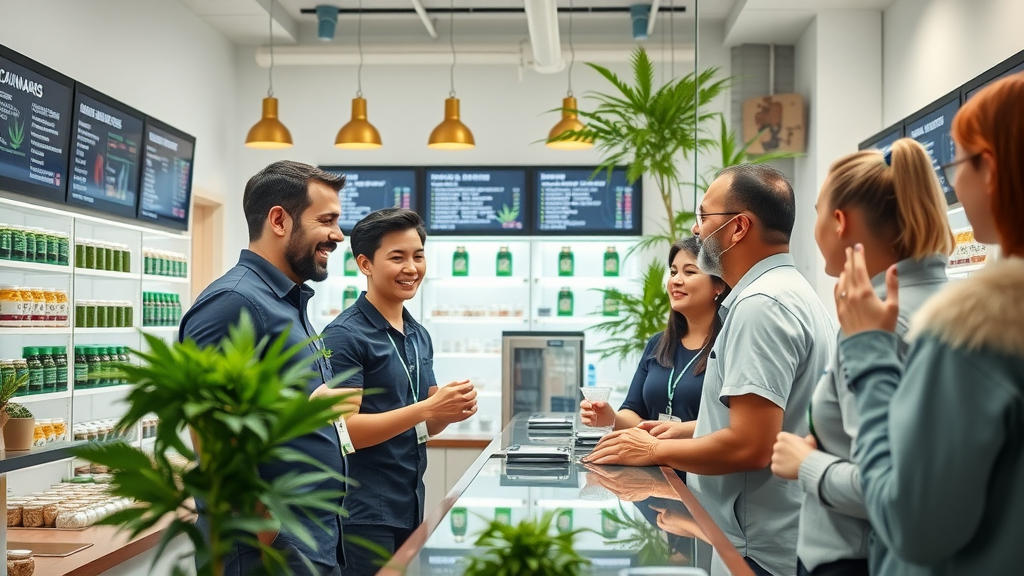 Budtender helps customers in a well-lit, modern cannabis dispensary interior.